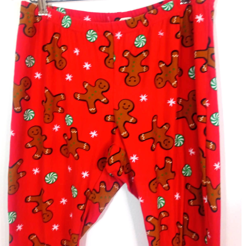 No Comment Women 2X Red Leggings Christmas Gingerbread Men Peppermint Holiday - Picture 2 of 6